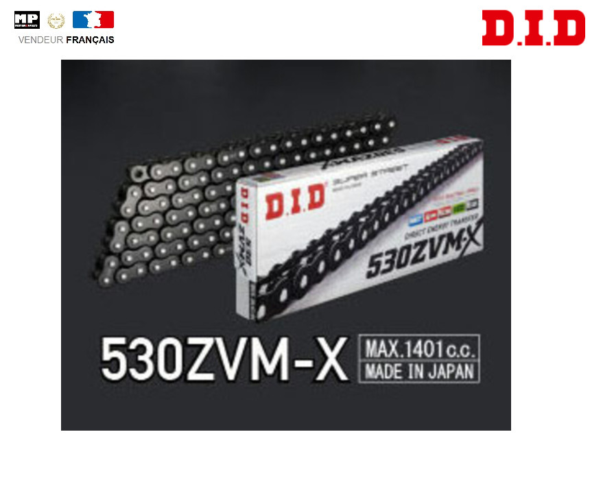 Chaîne de transmission DID 530ZVM-X renforcée X-Ring noir et blanc 100 maillons