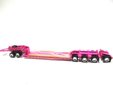 DCP 1/64 SCALE PINK FONTAINE TRIAXLE LOWBOY TRAILER, WITH JEEP & FLIP AXLE