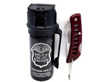 Police Magnum pepper spray 2 ounce flip top belt clip red pocket knife defense