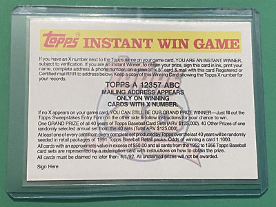 1991 Topps Baseball Instant Win Game Card A #NNO Promo Redemption MLB