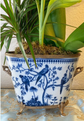 Porcelain Bronze Ormolu Blue And White Birds Chinoiserie Planter Flower Pot