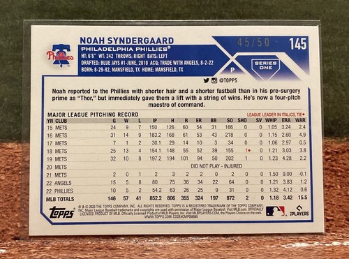 Topps 2023 Series one Noah Syndergaard Mother's Day /50 - Picture 2 of 2