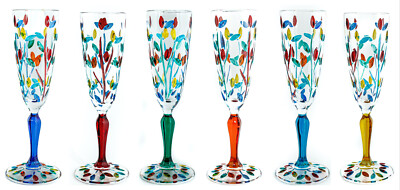 6er Set Murano Glas Champagner Multi Wein handbemalt Blume gemischt Stiele