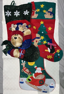 Vintage 3 tolle Weihnachtsstrümpfe groß süß Handarbeit Rentier Weihnachtsmann