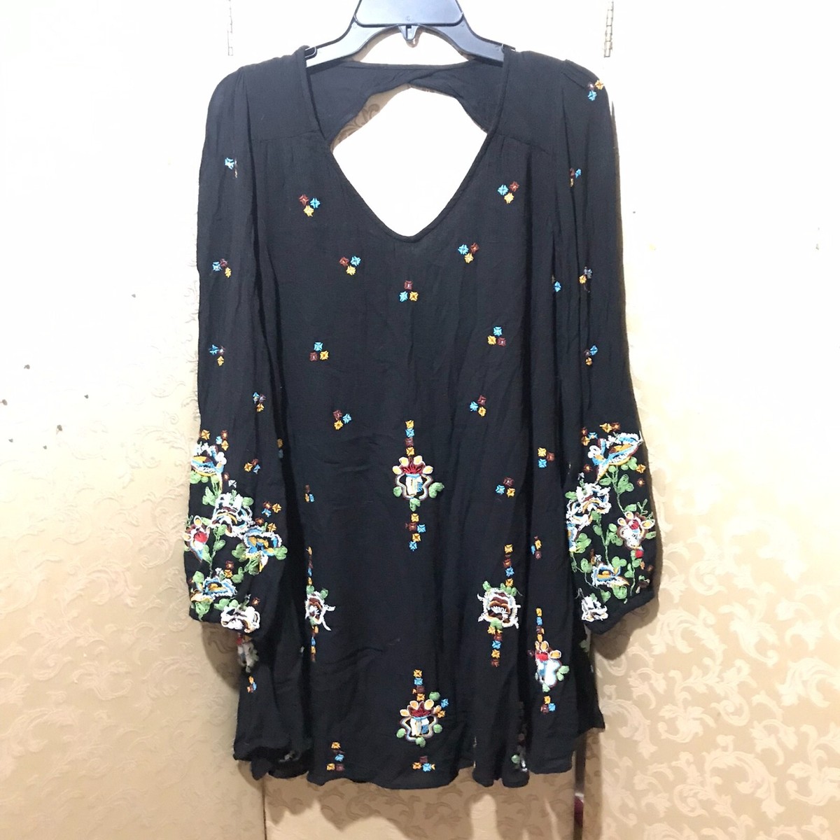 Free People Black Floral Embroidered Swing Oxford Dress Size Small S