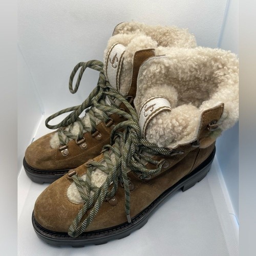 Jimmy Choo Eshe Flat Shearling Lace Up Combat Boots Suede Clove/Nutmeg US 7 IT37 - Picture 5 of 9