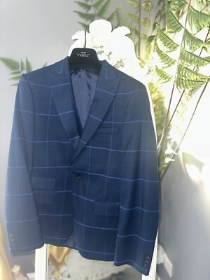 Mens Moss Bros Navy/light blue piece check suit skinny fit UK - Main Image