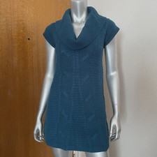 Express Wool Acrylic Blue Cowl Neck Sweater Dress Cable Knit Knee Length Size SP