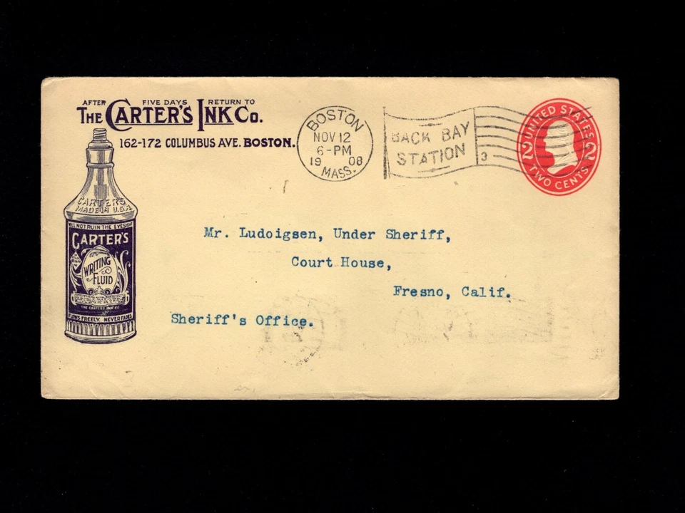 Carter's Ink Co Boston 1908 Flag Cancel Large Ink Bottle PSE Cover to CA 2k - Image 2 of 3