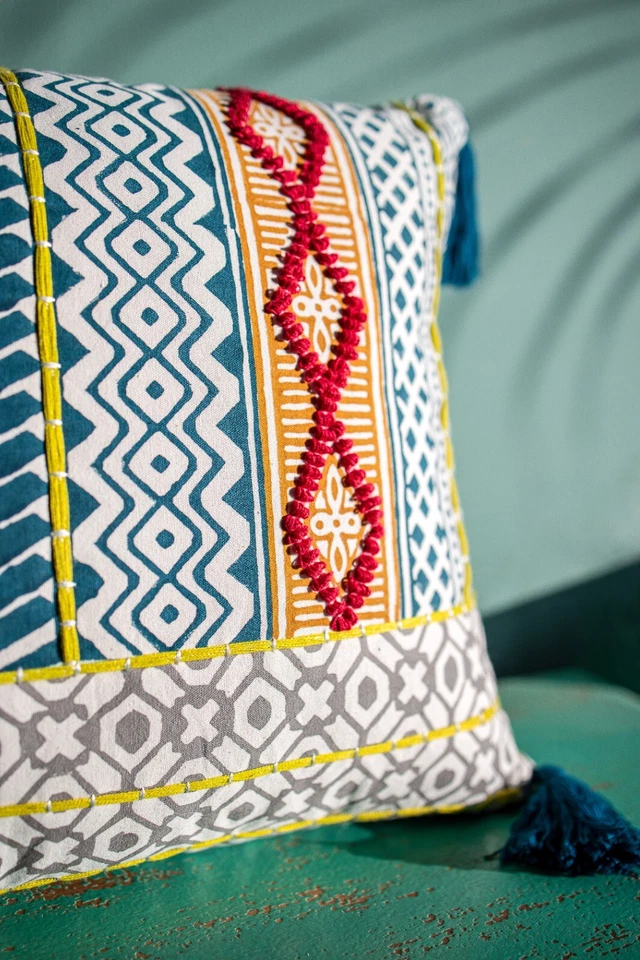 Boho Embroidered Cushion Cover 16x24 Inch Geometric & Ethnic Design with Tassels - Image 4 of 4