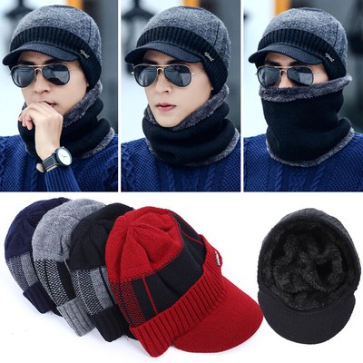 Men Beanie Knit Cap Scarf Winter Fleece 