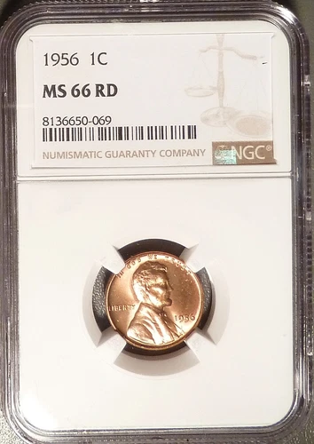 1956-P Lincoln Cent NGC graded MS66 RD, Very Lustrous, Lots of Die Polishing.