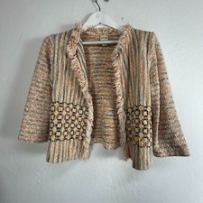 Chico's Women's Fringe Tweed Long Sleeve Open Front Blazer Jacket Orange/Blue 3