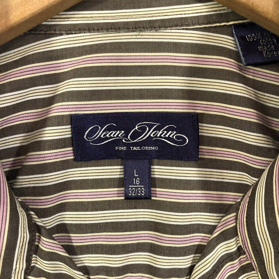 Sean John Men's Shirt L 16 32 33 Long Sleeve White Brown Pink Striped Classic - Image 3 of 4