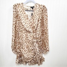 Express Tan & Brown Animal Print Ruched Ruffle Detail Mini Dress Size Medium NEW