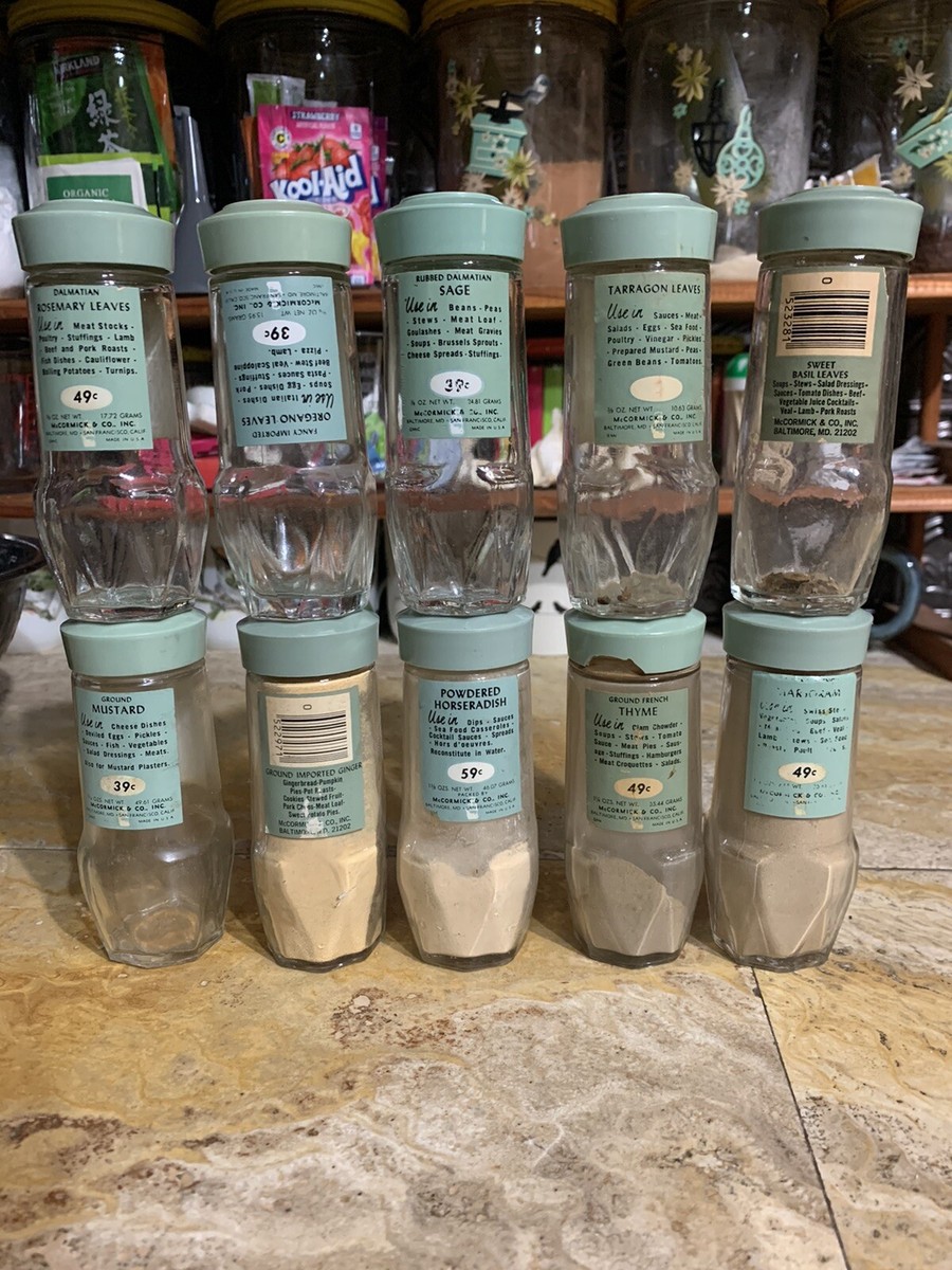 10 Schilling McCormick Spice Jars Bottles Vintage Sage Green Lids