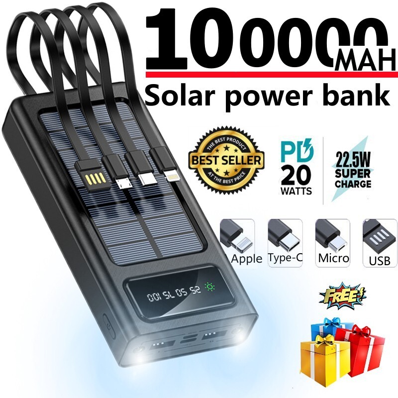 2024 Super 100000mAh USB Portable Charger Solar Power Bank for Cell Phone Gift