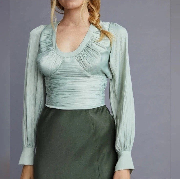 Anthropologie Mint Green Top Pleated Blouse Ruched Waist Open Back NWT XXS