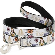 Dog Leash Beauty and The Beast Belle Pose with Script and Flowers White 4 Fee...