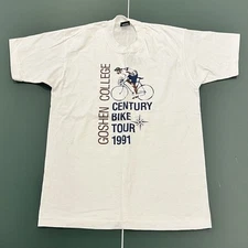 VTG Screen Stars Best L White Goshen College 1991 Bike Tour T Shirt 