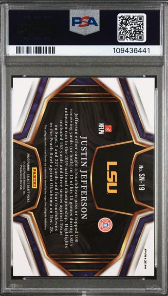 2023 SELECT DRAFT PICKS #SN19 JUSTIN JEFFERSON SNAPSHOTS-SILVER PRIZM PSA MINT 9 - Image 2 of 2