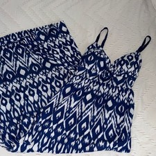 Blue White Ikat Geometric Womens M Maxi Dress Spaghetti Strap Tie Back