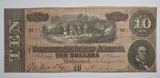 1864 $10 Confederate States of America Ten Dollar Civil War Note Obsolete Bill