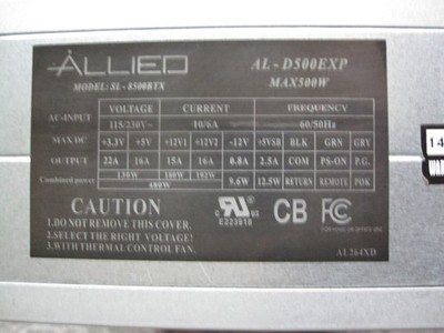Allied AL-D500EXP Max 500W 80 Plus Bronze 500W Power Supply. Tested/Working