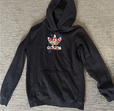 Adidas Youth XL (15-16 ) Graphic Cloudy Trefoil Pullover Hoodie Sweatshirt Black