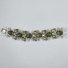 1960s Unsigned Smokey Gray & AB Pear Rhinestone Silver Tone Cuff Bracelet 7"