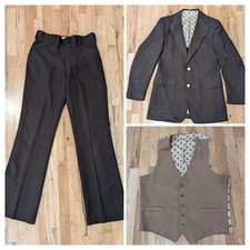 VTG 80s JC Penney 3 Piece Brown Polyester Suit Blazer 40S Vest 40 Pants 30x33.5