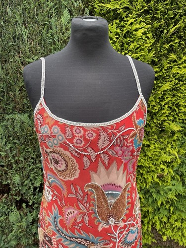 Malvin Soft Red Silk Asymmetric Hem Long Summer Dress Beaded Rhinestones 40 UK12 - Picture 5 of 14