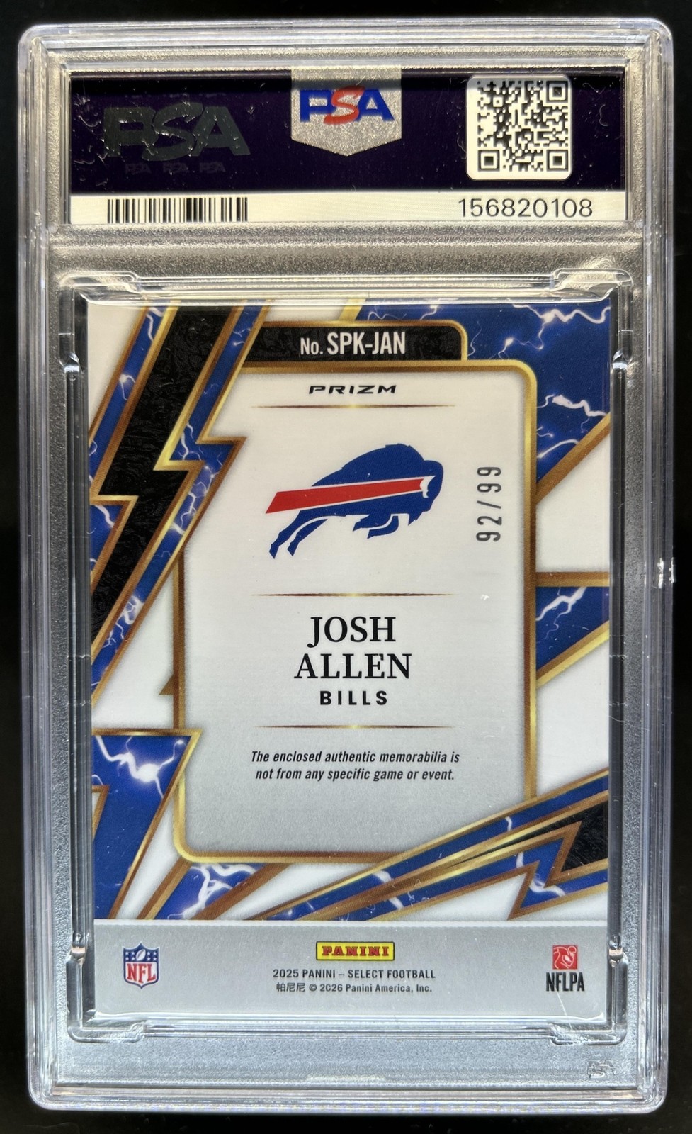 2025 Panini Select Josh Allen Sparks Jersey White Prizm #/99 Bills PSA 9 view 2