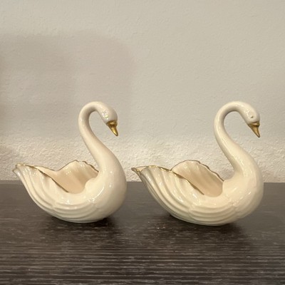 Lenox Porcelain Swan Bird Figurines Pair, White with Gold Trim