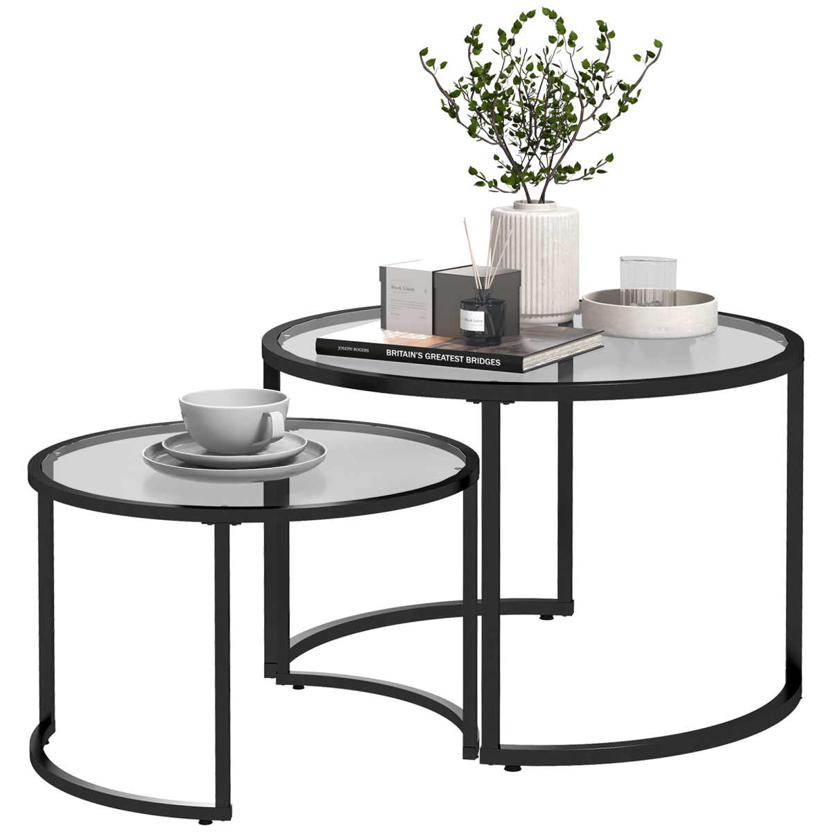 HOMCOM Round Nesting Tables - Set of 2 - Black - Steel - Image 2