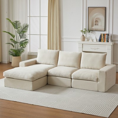 Corduroy L-Shaped Sofa w/ Chaise, 3-Seater Beige, No Assembly