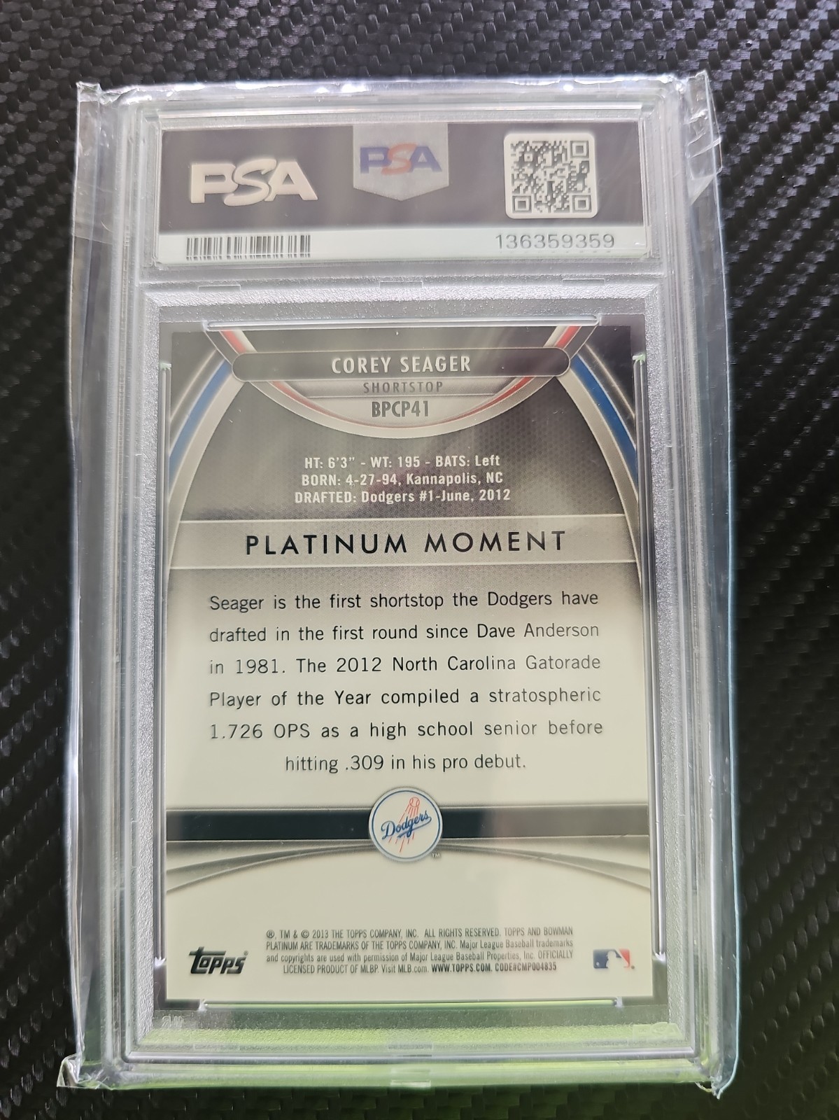 2013 Bowman Platinum Prospects Corey Seager Platinum Ice Rookie 10 /10 PSA 10  view 2