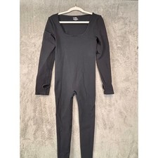 Black Ribbed Long Sleeve Jumpsuit Square Neck Thumbhole XL Athleisure Catsuit