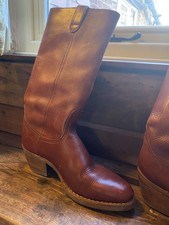 Vintage Tan thick Leather Block Heeled Pull On Cowboy biker engineer Boots Uk 10