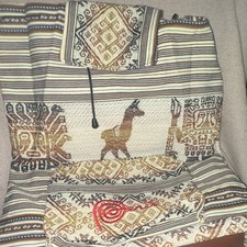 Multicolor Woven Drawstring Backpack Llama Aztec Striped Lined Adjustable Strap