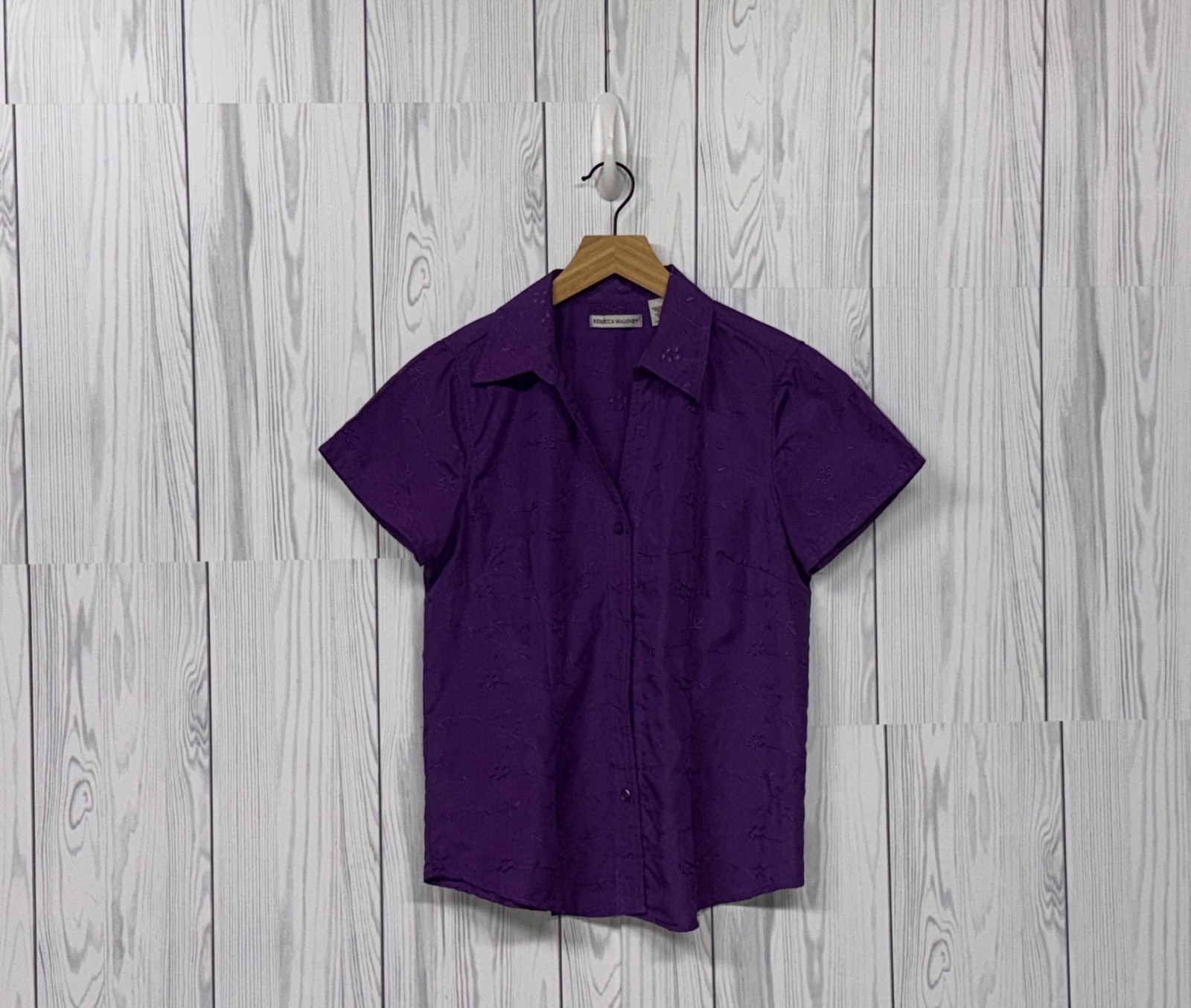 Rebecca Malone top womens size small button up short sleeve solid navy shirt