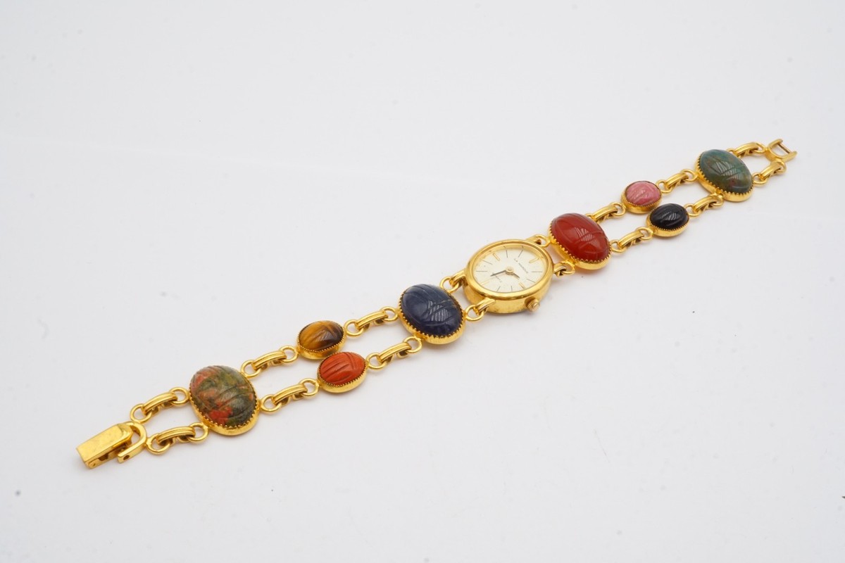 Vintage La Marque Watch Womans Gold Tone Egyptian Scarab New  display picture 1