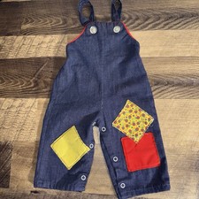 Vintage 70 s BABY Patchwork Faux Denim Overalls Snap Leg Closure Size desc.