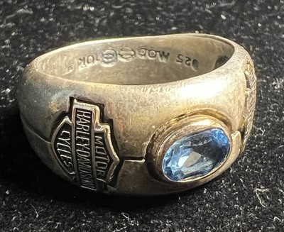 Harley Davidson Motorcycle Ring Sz 10 Sterling & 10k Gold - Blue Stone - Vintage