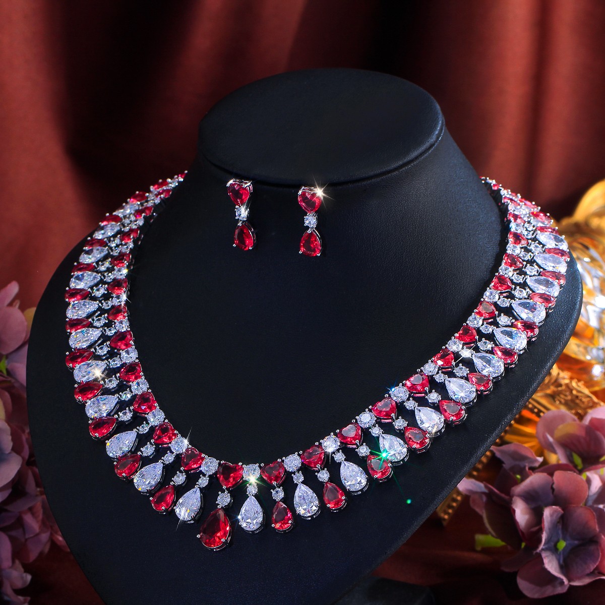 Red Water Drop CZ Wide Tennis Necklace Earrings Silver Plated Bridal Jewelry Set