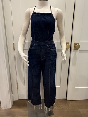 ETICA Cami Halter Dark Blue Denim Jumpsuit Crop Wide Leg Size XS ANTHROPOLOGY