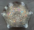VINTAGE CARNIVAL MILLERSBURG FLEUR DE LIS PURPLE RUFFLED BOWL “COUNTRY KITCHEN”