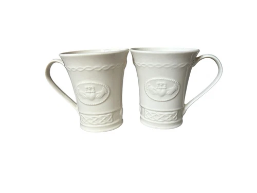 Belleek Claddagh Set of 2 Coffee Cup Mugs Made In Ireland Ivory  Porcelain