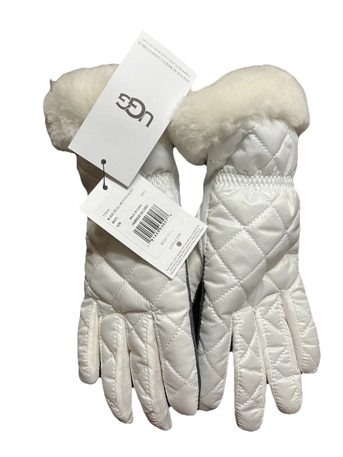 NEW UGG Size L/xl Women's Gloves White Shearling Cuff Leather Palm Quilted TOUCH