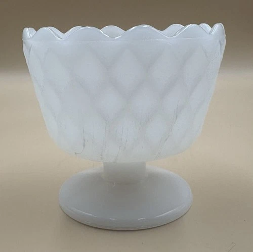Vintage EO Brody Milk Glass Footed Compote Planter Vase Bowl Diamond 3.5 in
